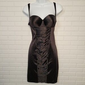 Vintage 1980s Olga Black Damask Ruched Lingerie Slip Dress sz 36 molded cups